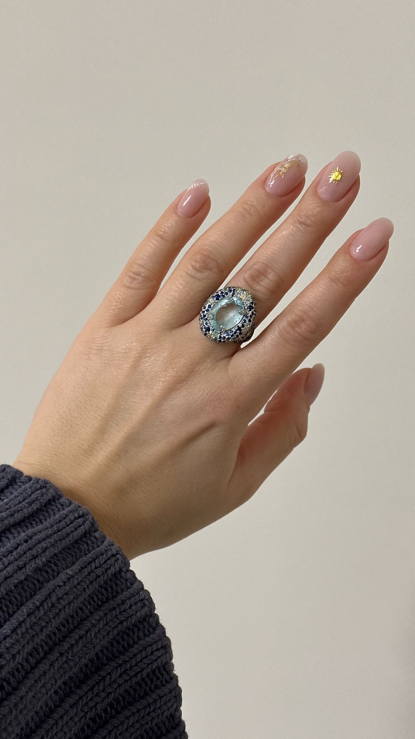 Silver Ring with Aquamarine and Multicoloured Sapphires