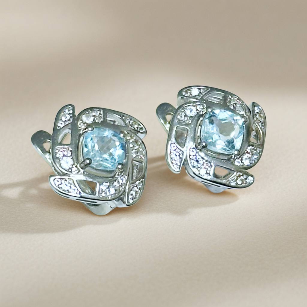 Silver Earrings with Sky Blue Topazes and Zircons