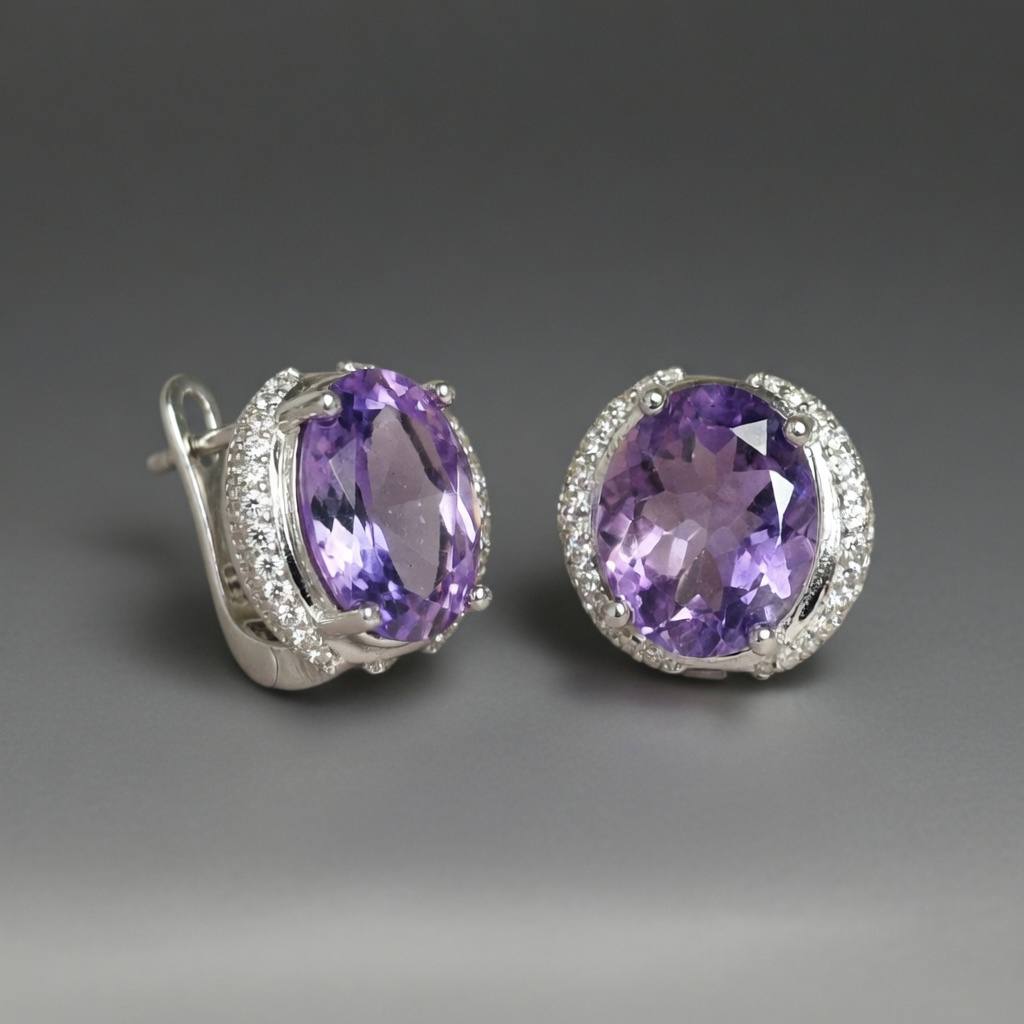 Minimalistic sterling silver earrings with amethysts and zircons