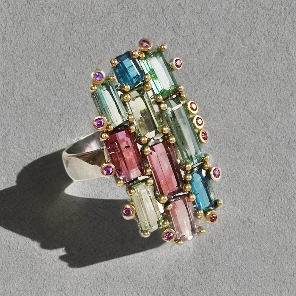 Silver Ring with Tourmalines and Rhodolite Garnets