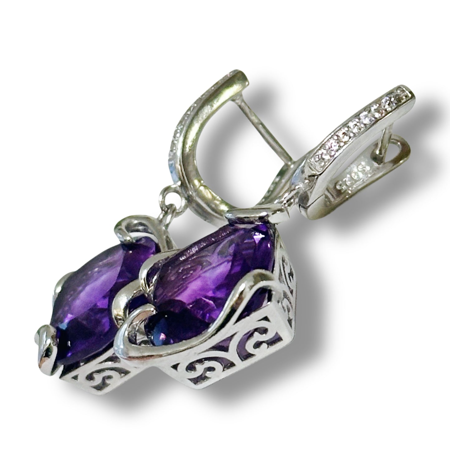 English lock sterling Silver Earrings with natural Amethysts and Zircons