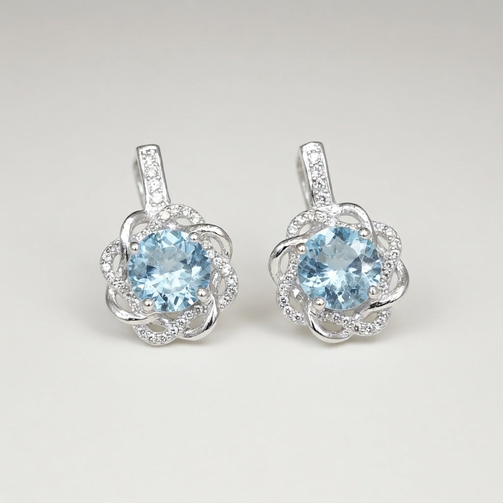 Silver Earrings with Blue Topazes and Zircons