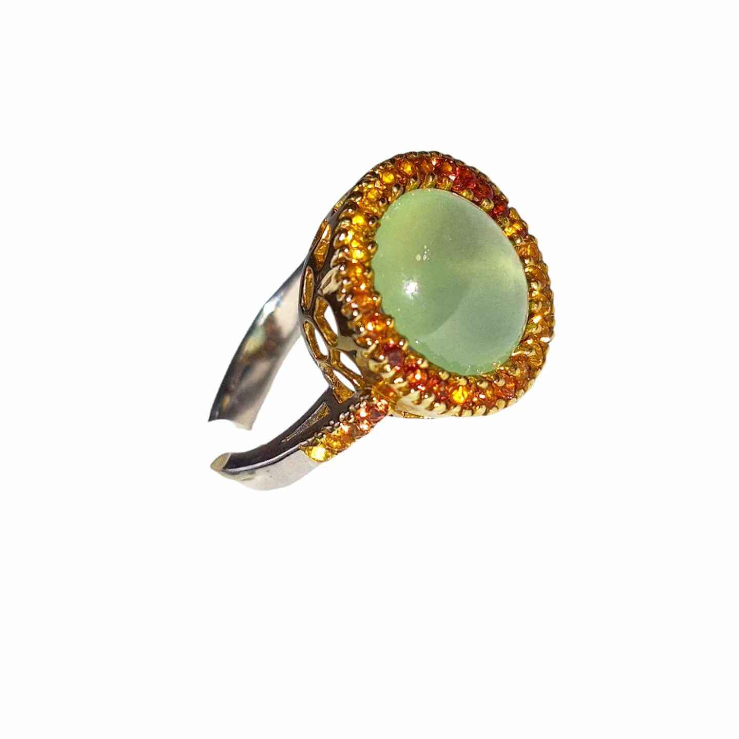 Silver Ring with Prehnite and Multicoloured Sapphires