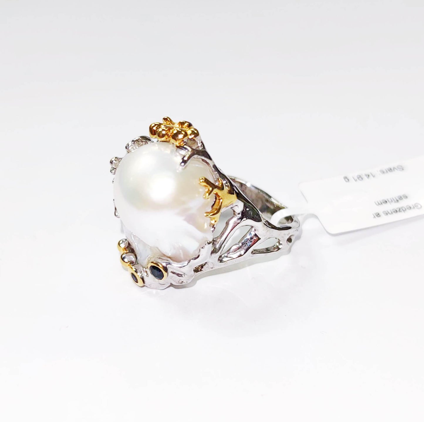 Silver Coral Reef Ring with White Baroque Pearl and Blue Sapphires