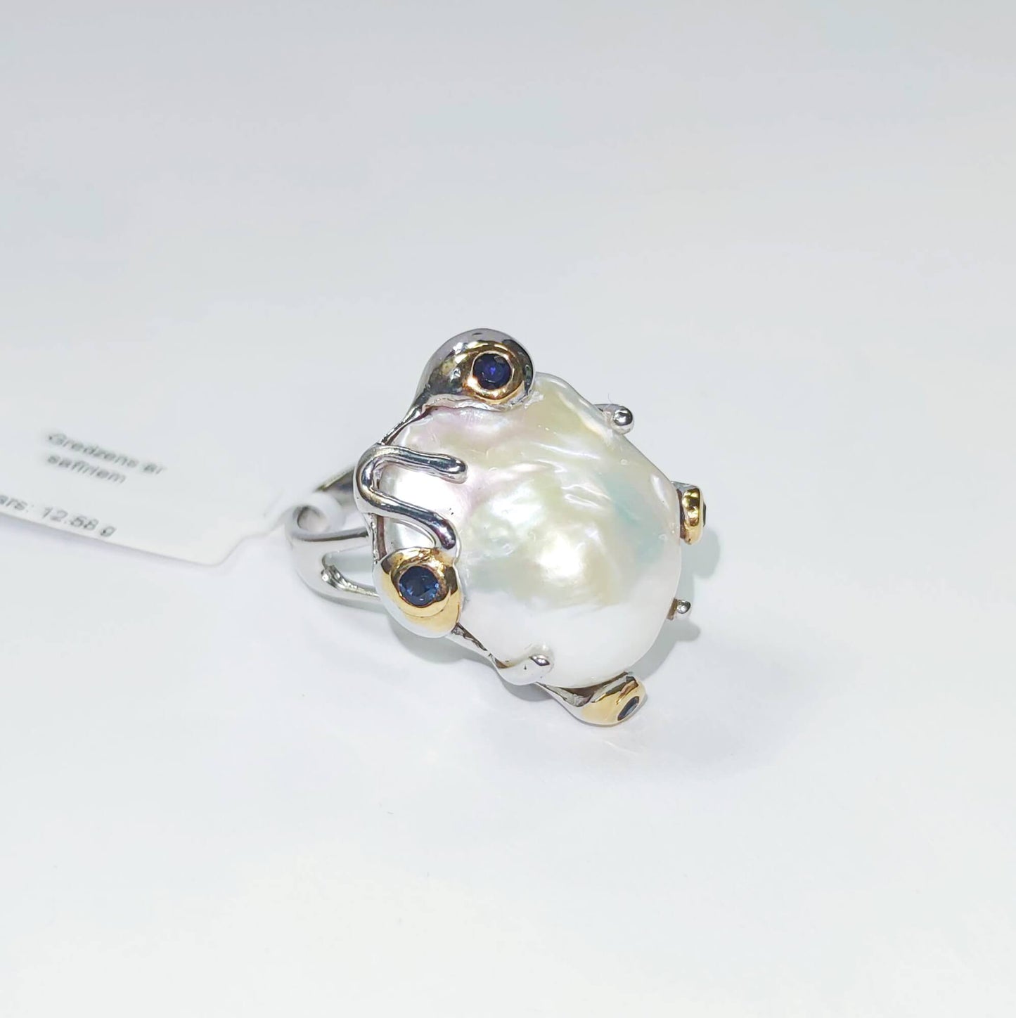 Silver Ring with White Baroque Pearl and Blue Sapphires