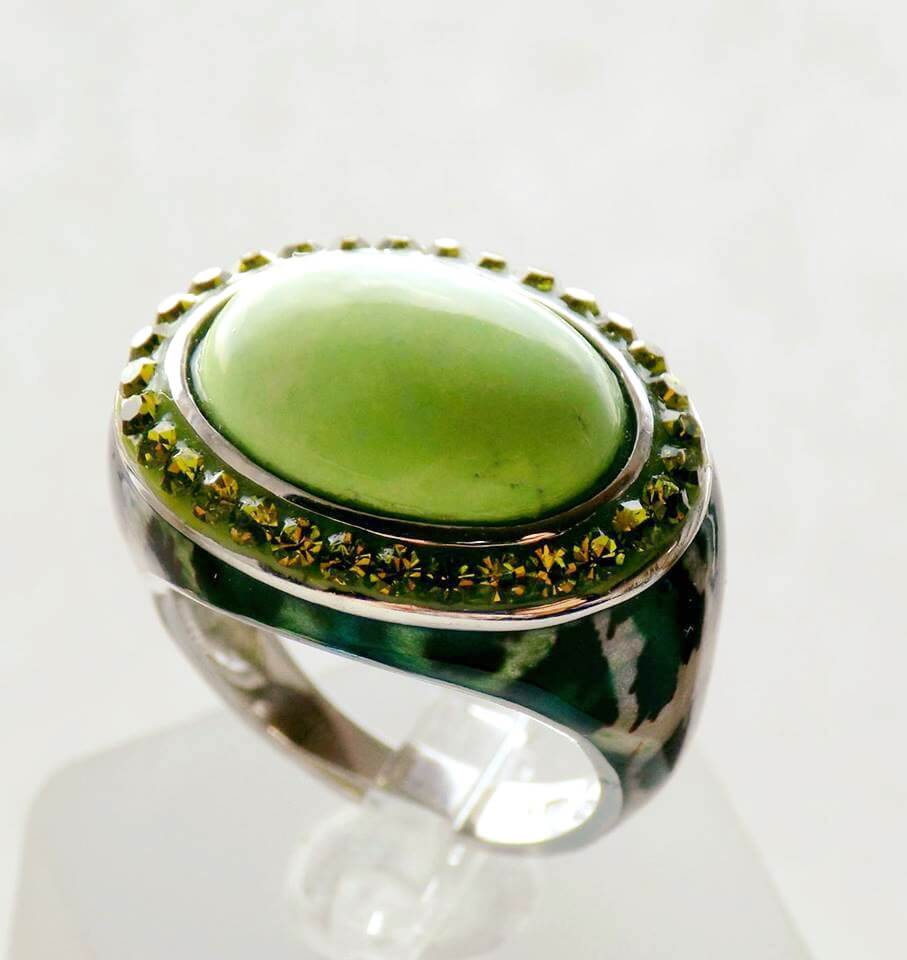 Silver Ring with Green Turquoise and SWAROVSKI Crystals