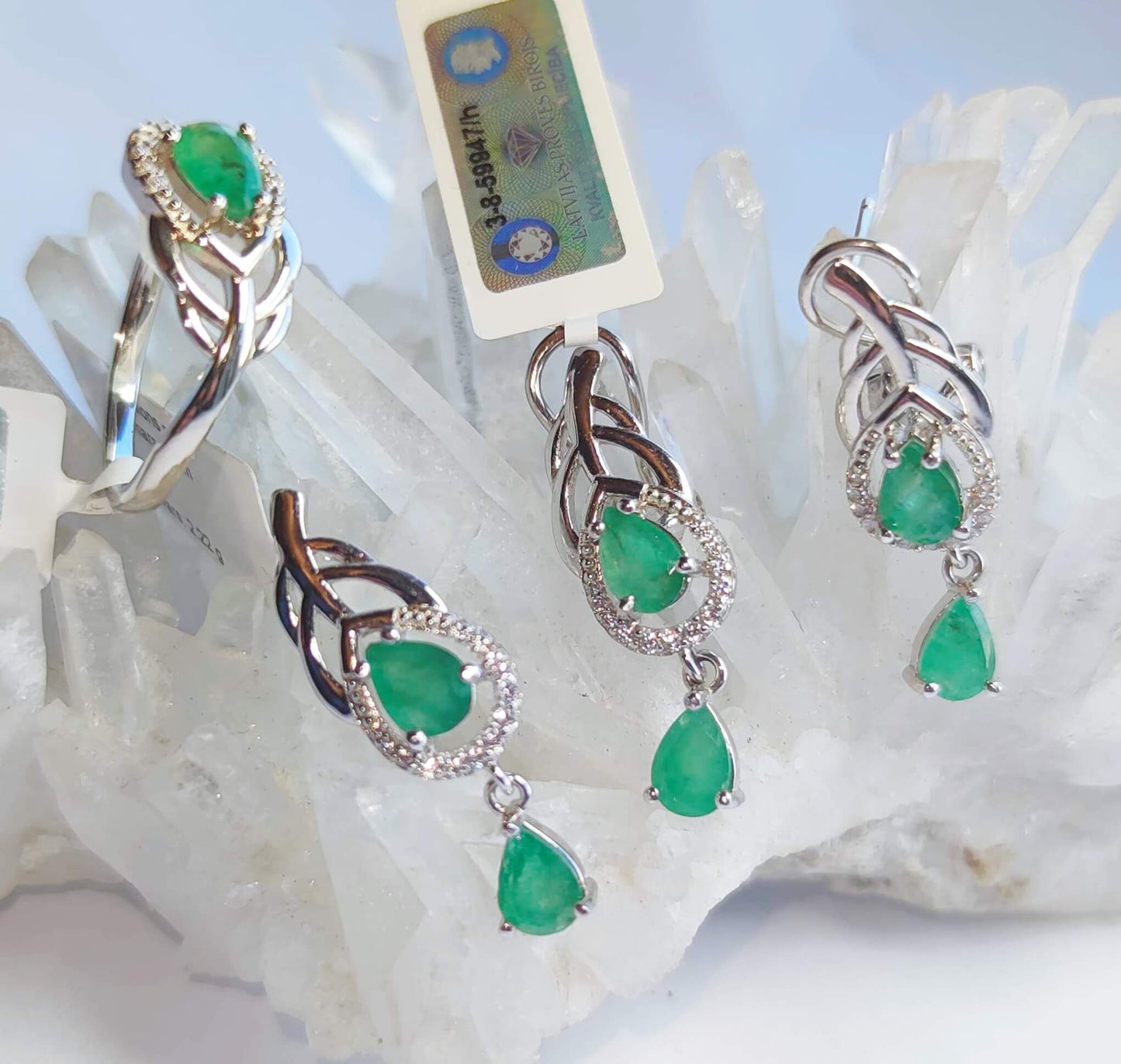 Silver Feather Earrings with Emeralds and Zircons