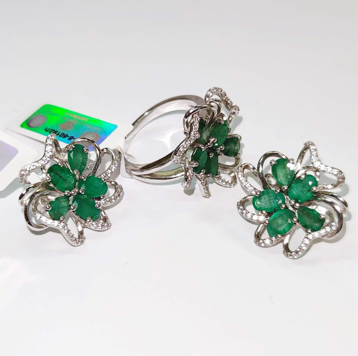 Silver Flower Ring with Emeralds and Zircons