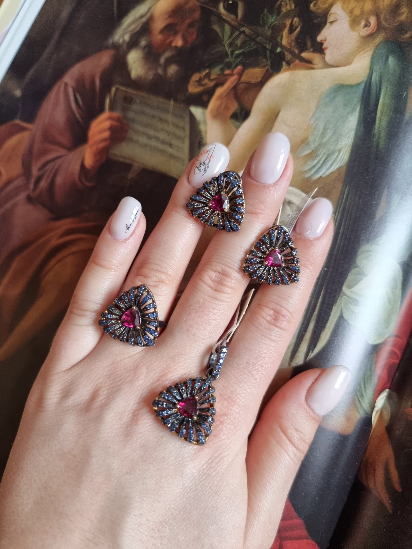 Серебряный кулон с Родолитом и синми Сапфирами