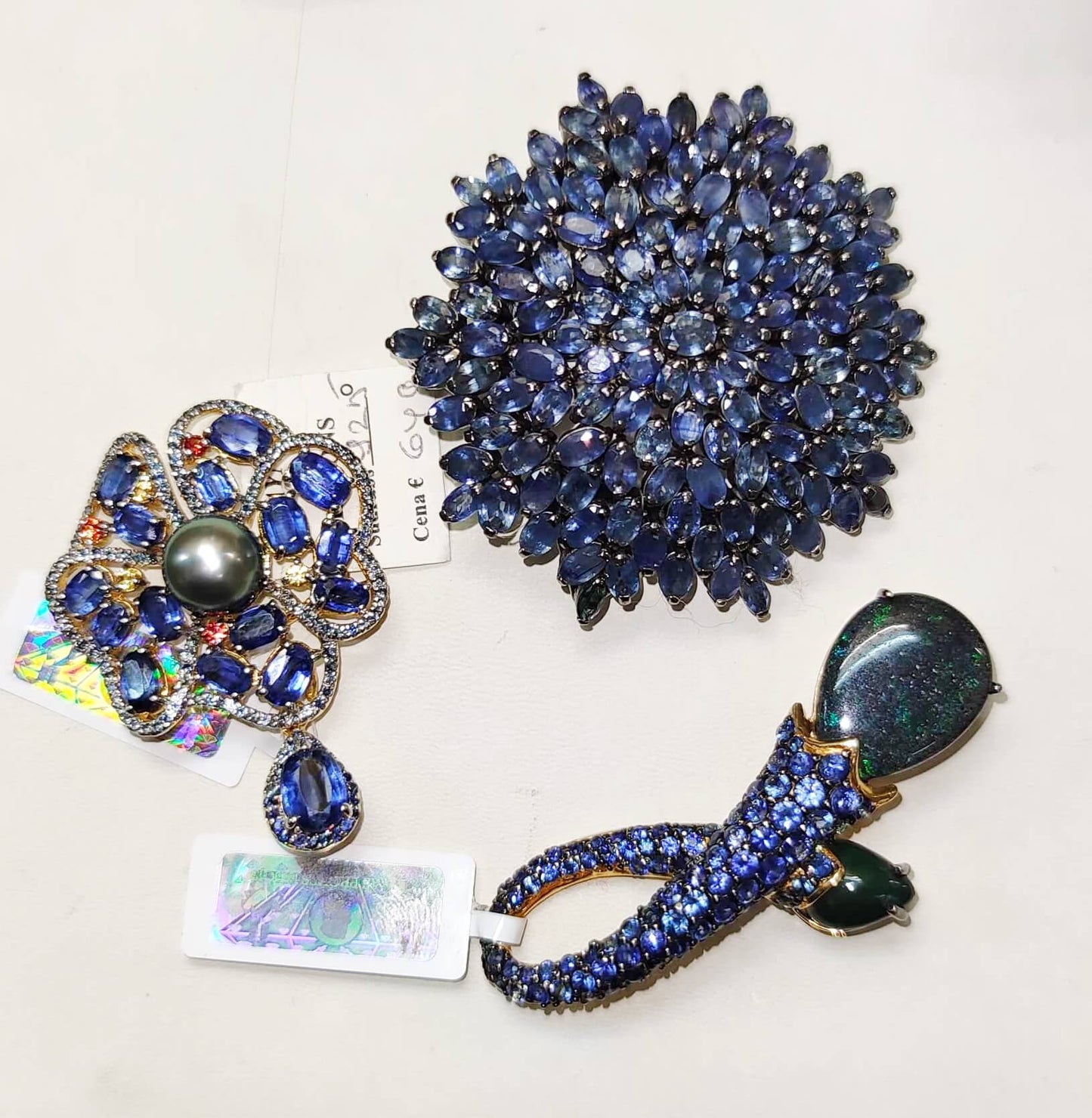 Silver Brooch-Pendant with Opals and Blue Sapphires