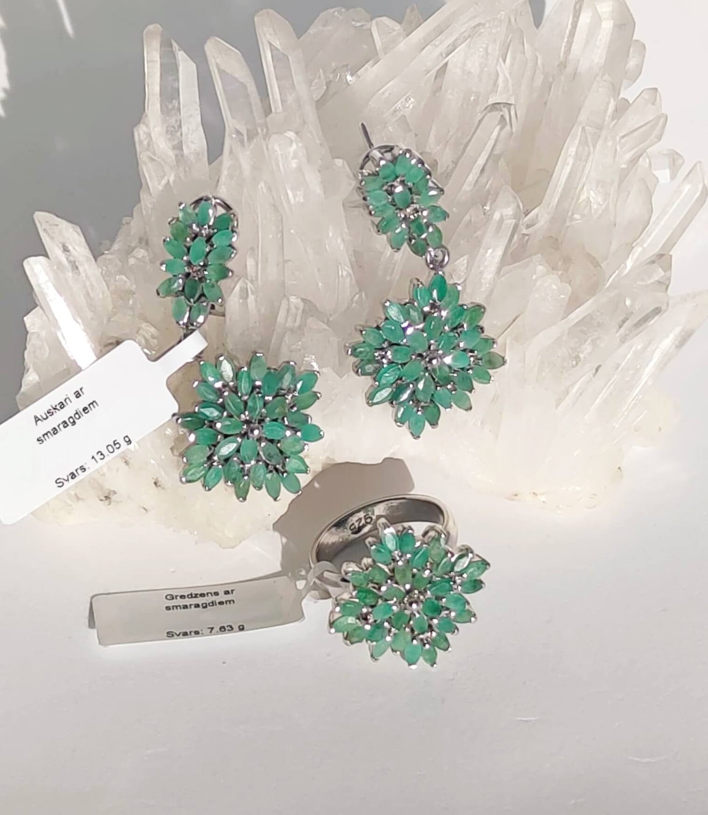 silver earrings with natural emeralds