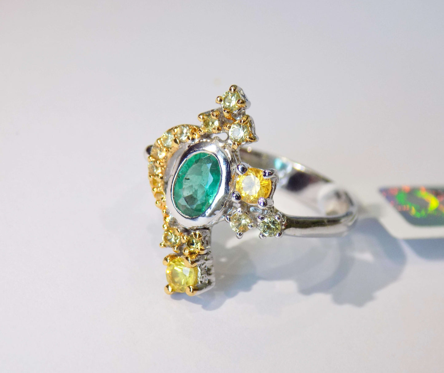Silver Ring with Emerald and Yellow Sapphires