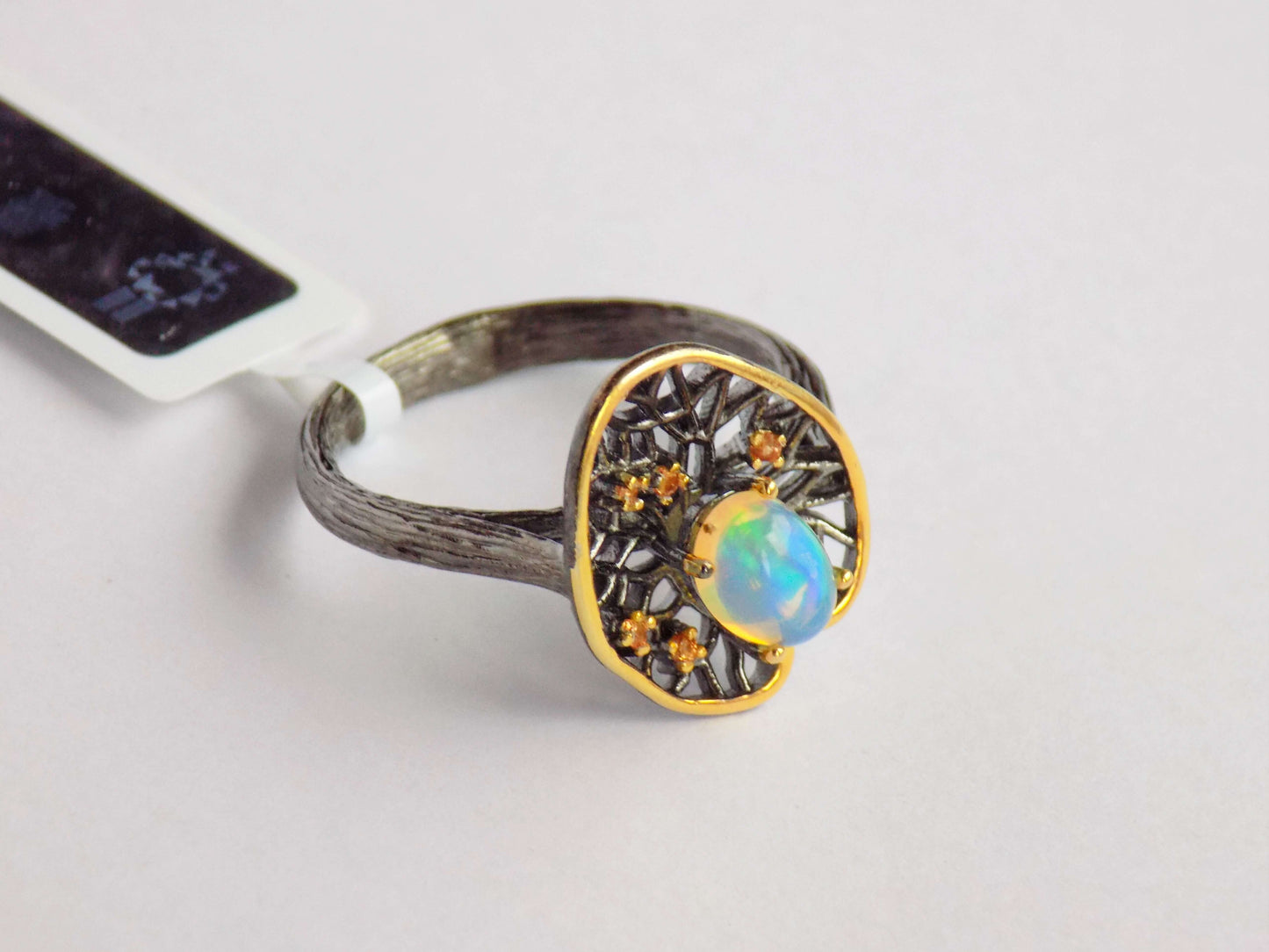 Silver Ring with Ethiopian Opal and Orange Sapphires - AnArt