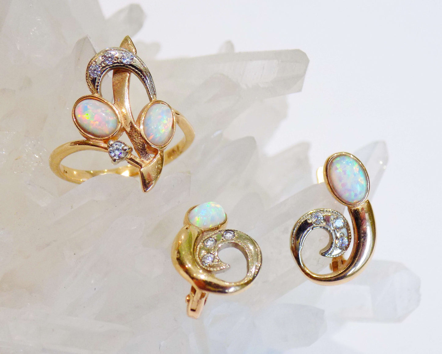 14K White and Red Gold Earrings with Ethiopian Opals and White Zircons