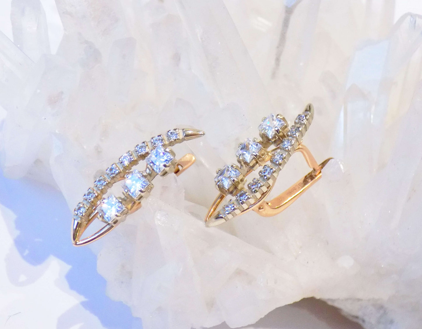 14K White and Red Gold Earrings with Diamond-Cut Zircons