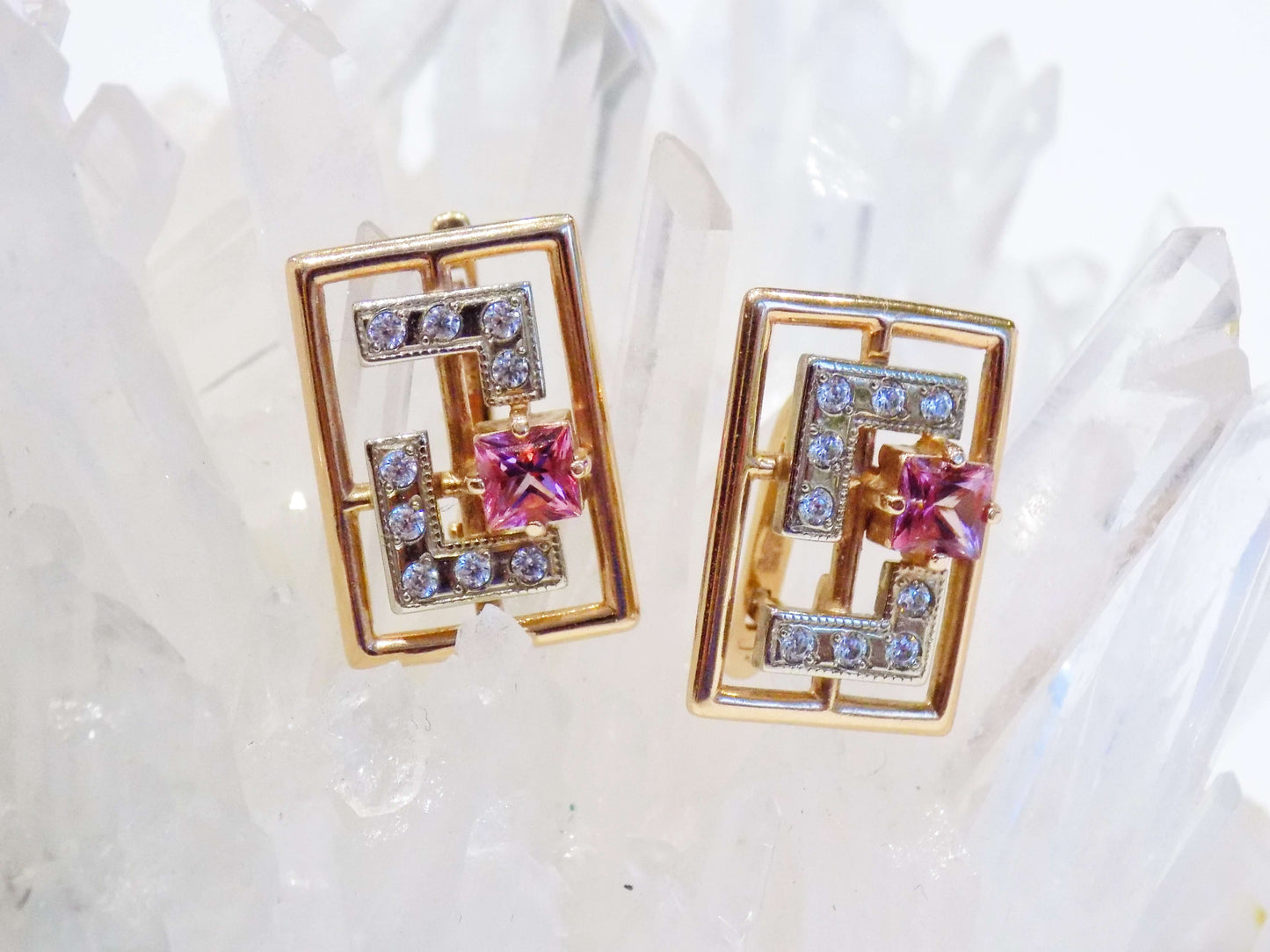 14K baltā un sarkanā zelta auskari ar rozā topāzēm un baltiem cirkoniem