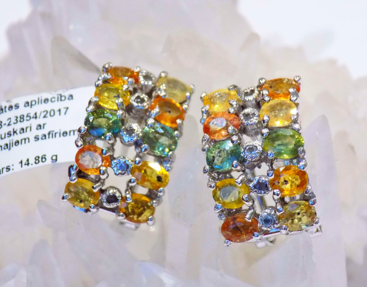 Sudraba auskari ar daudzkrāsainiem safīriem un baltiem cirkoniem