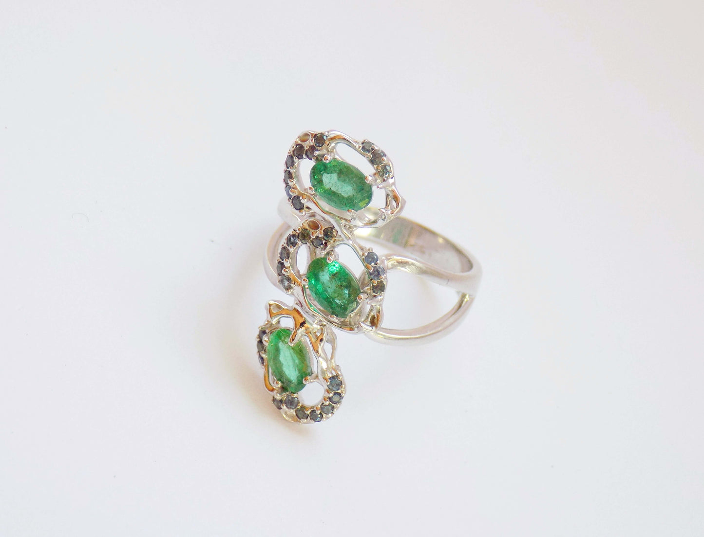 Silver Ring with Emeralds and Blue Sapphires