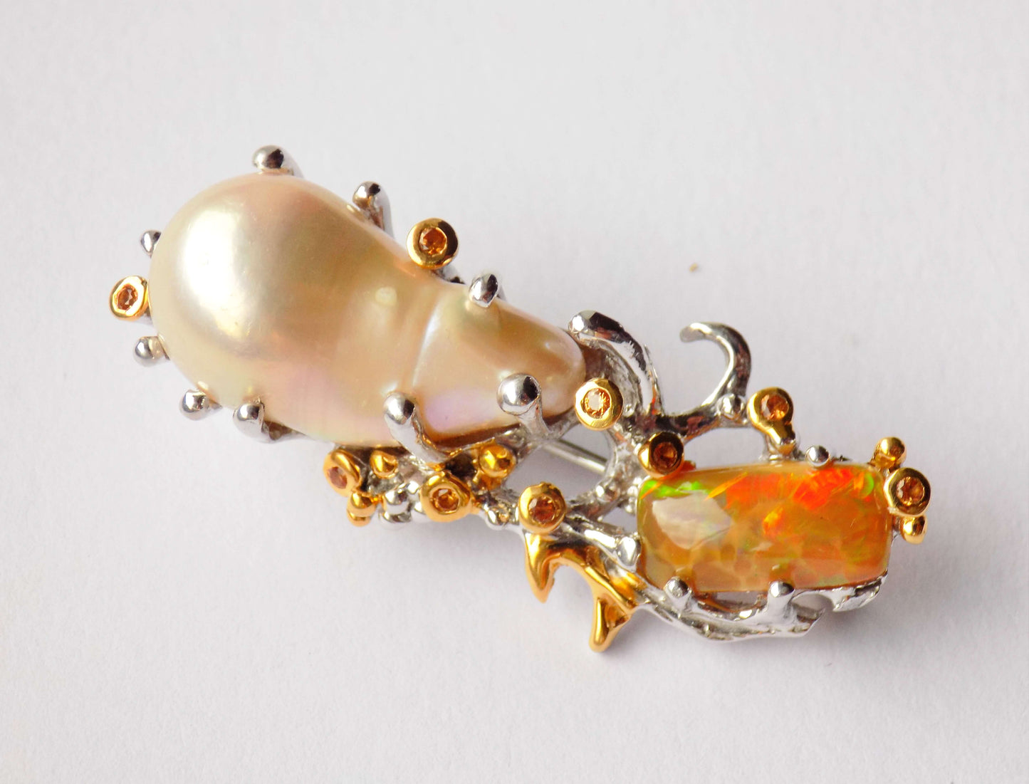 Silver Brooch with White Baroque Pearl, Mexican Opal and Yellow Sapphires