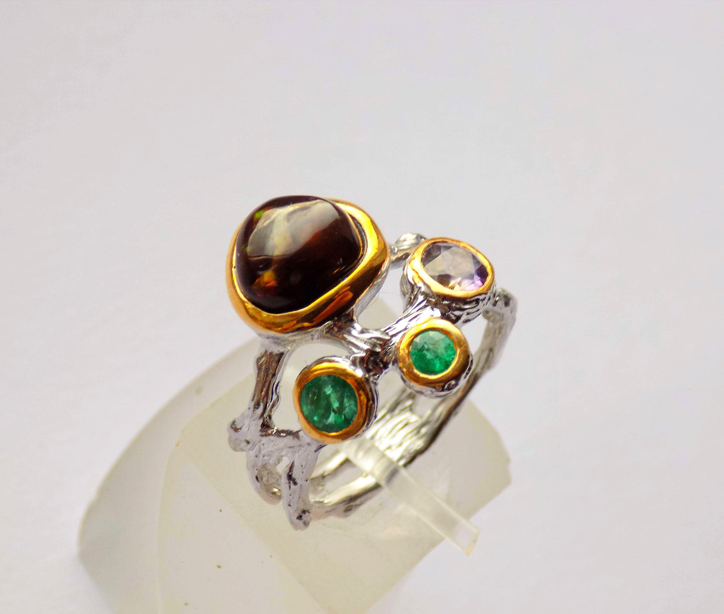 Silver ring with Fire Agate, Amethyst and Emeralds