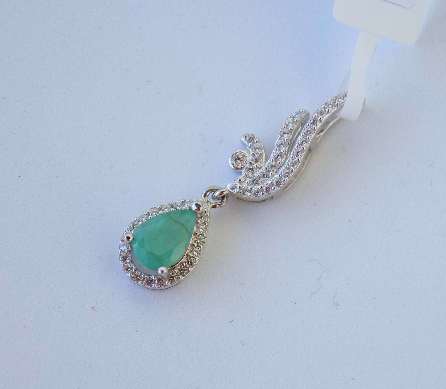 Silver Pendant with Emerald and Zircons "Angel's Wing"