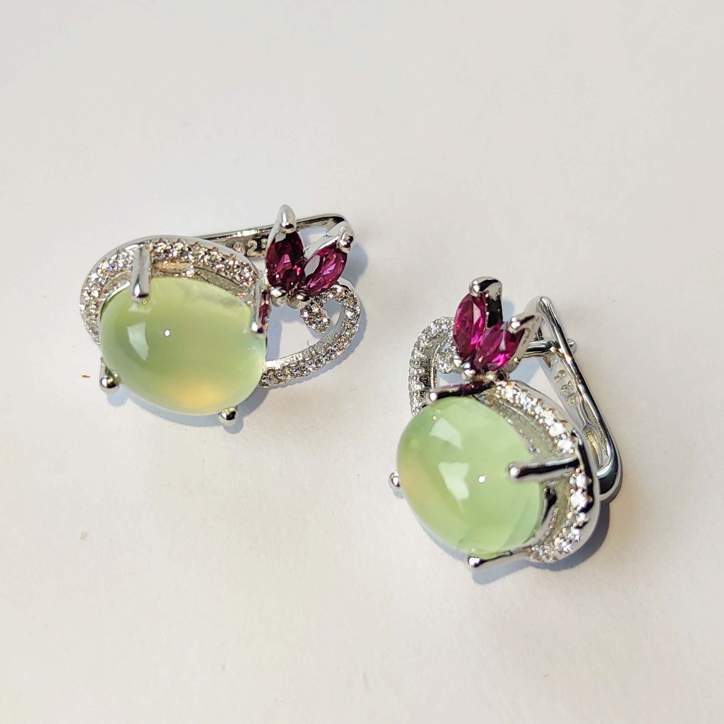 Silver Earrings with Prehnites, Pink Garnets and Zircons