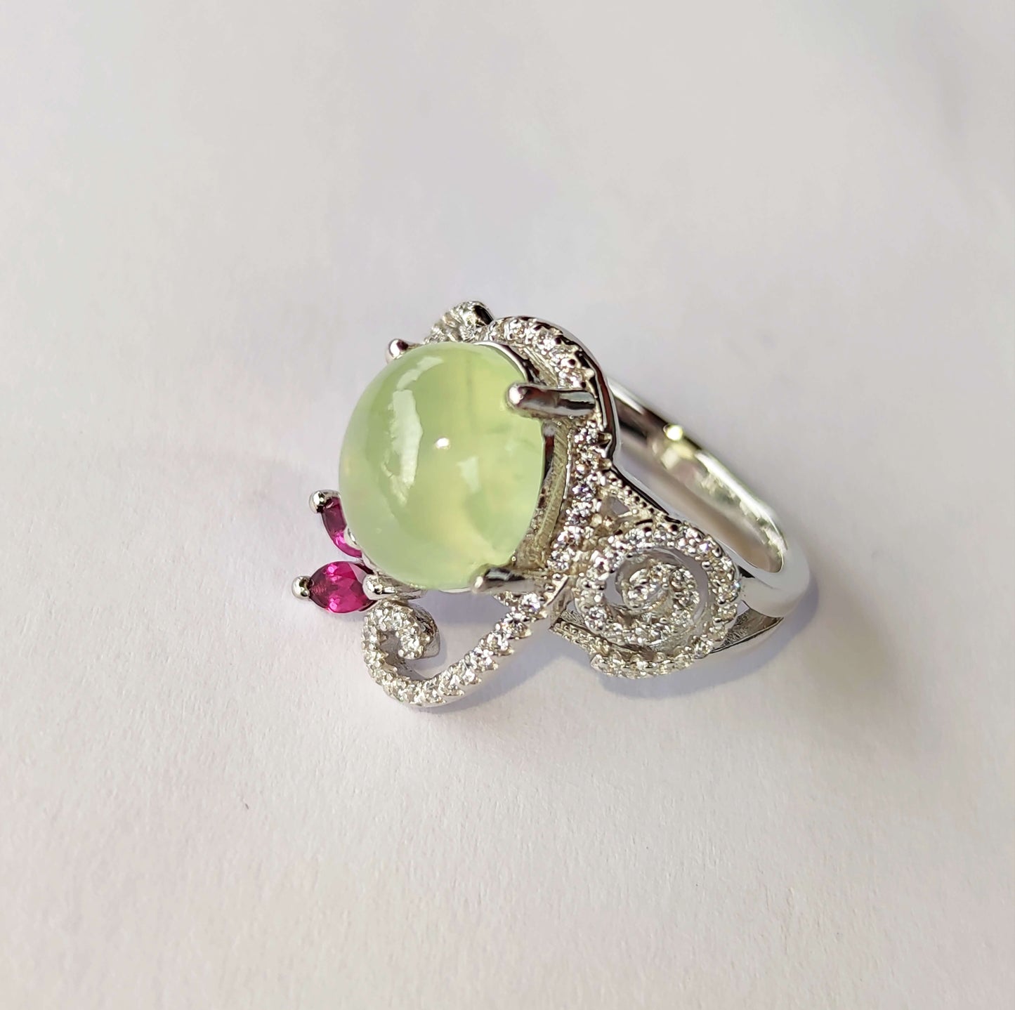 Silver Ring with Prehnite, Rhodolite Garnets and White Zircons