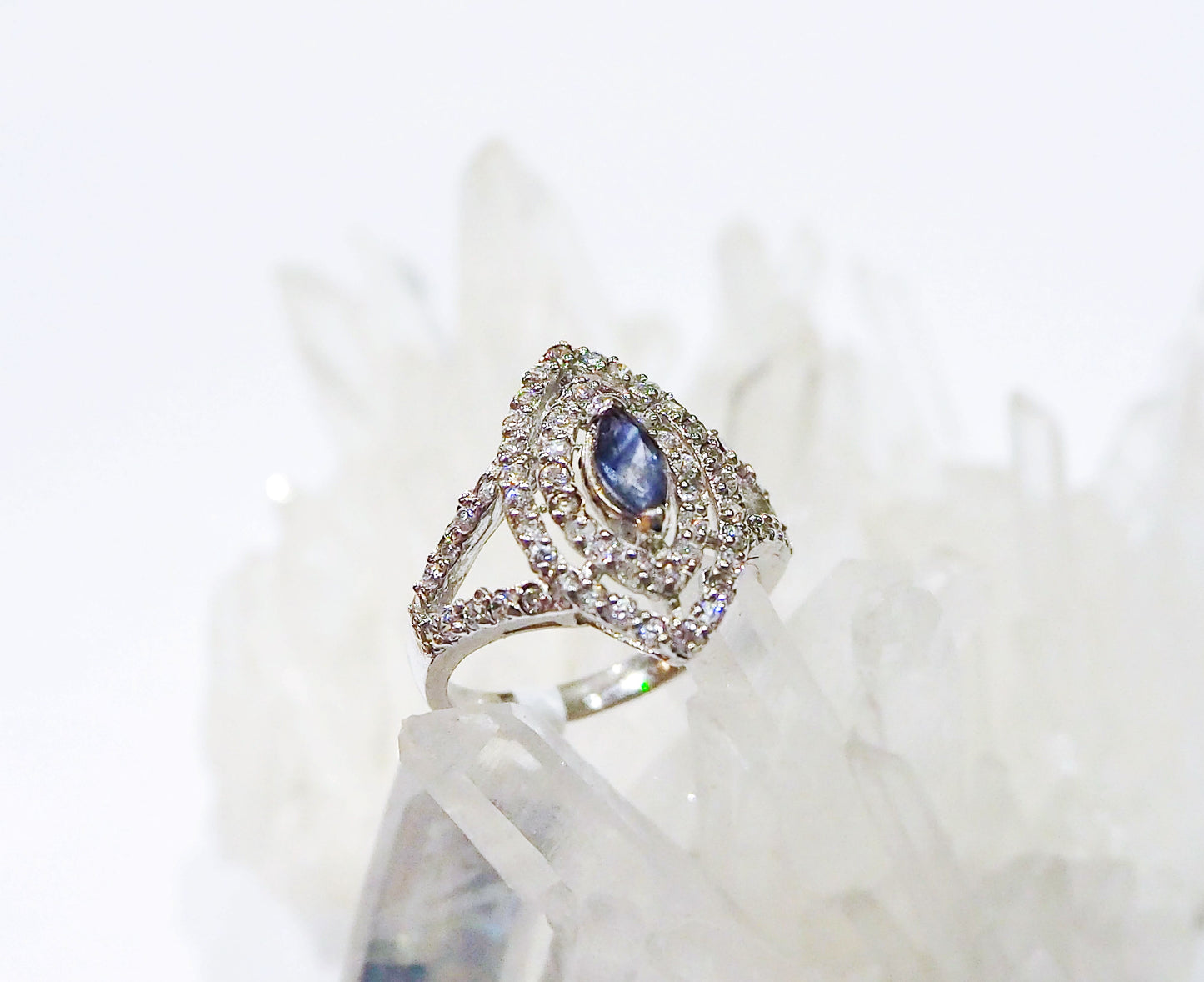 Silver Ring with Blue Sapphire and Zircons