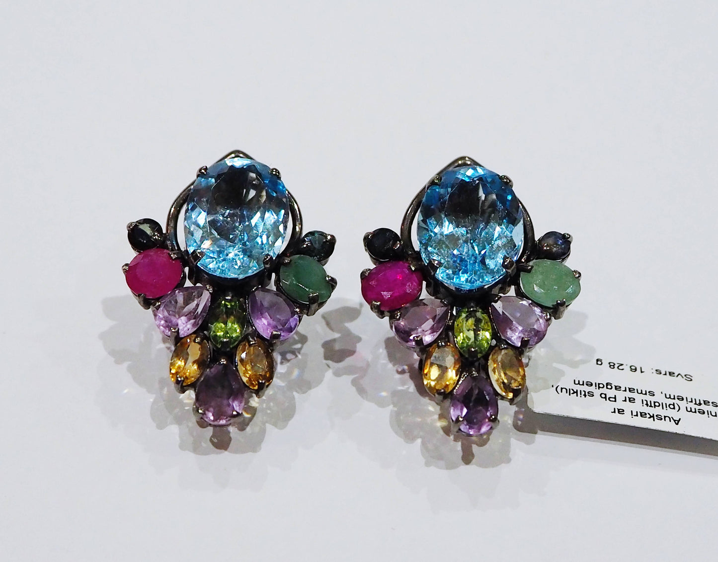 Серебряные серьги с голубыми топазами, рубинами, изумрудами, сапфирами, аметистами, цитринами и перидотами