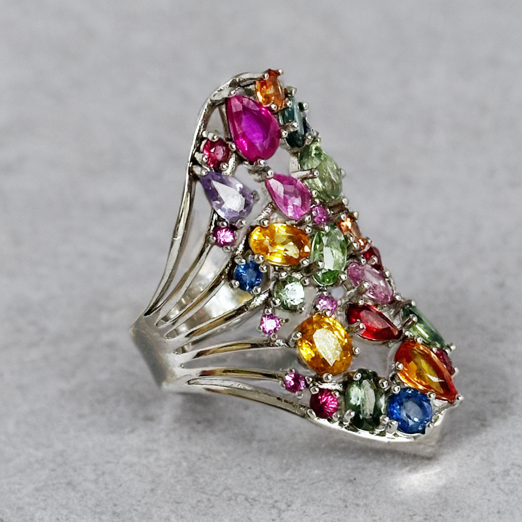 Silver Ring with Multicoloured Sapphires and Rubies