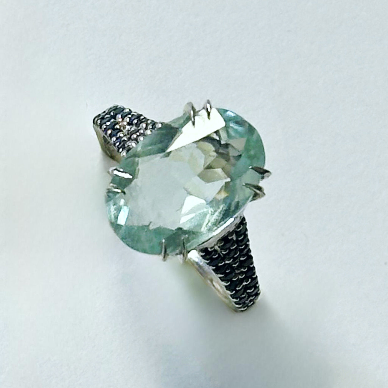 Sterling silver ring with aquamarine and blue sapphires