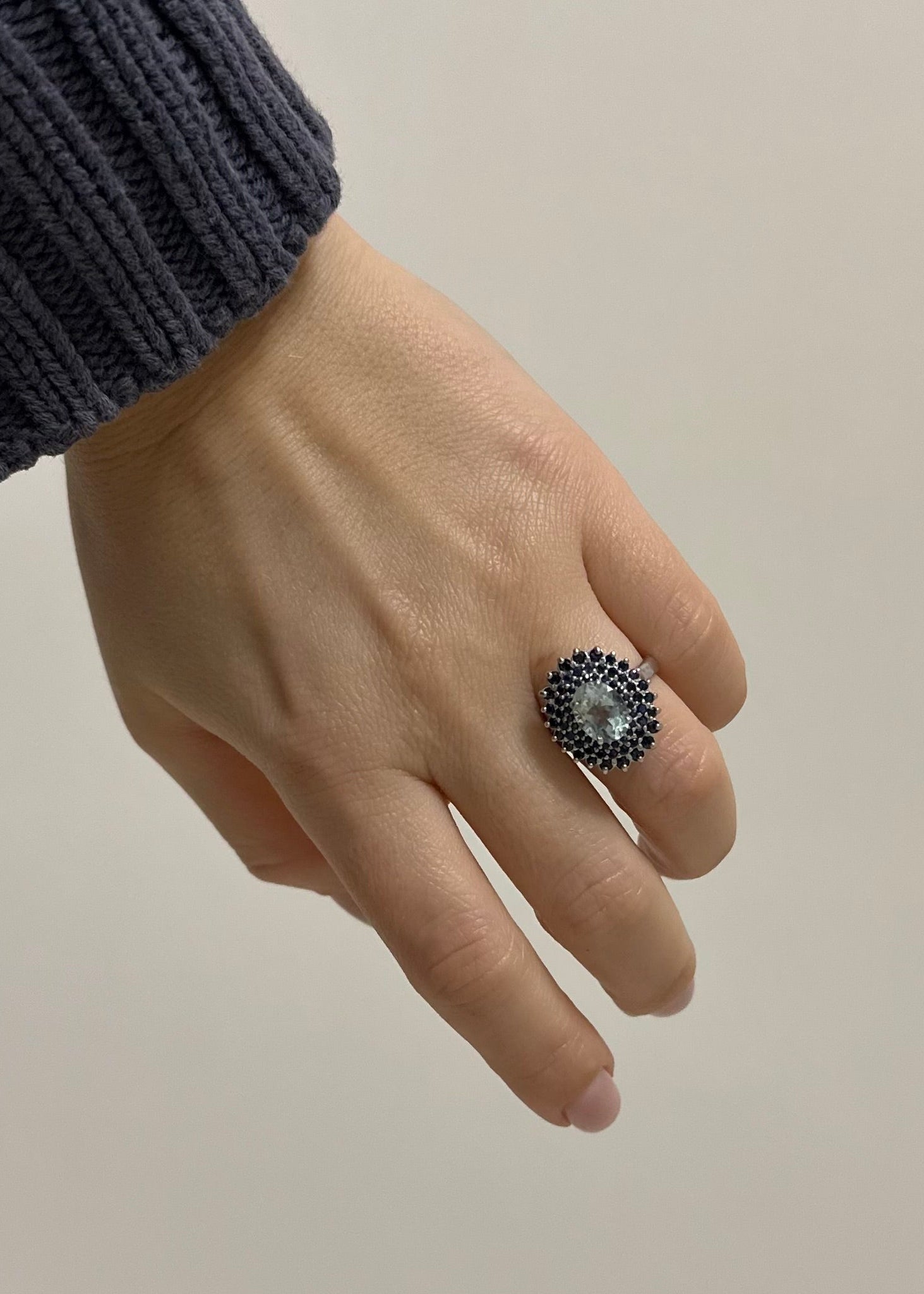 Sterling silver ring with aquamarine and blue sapphires