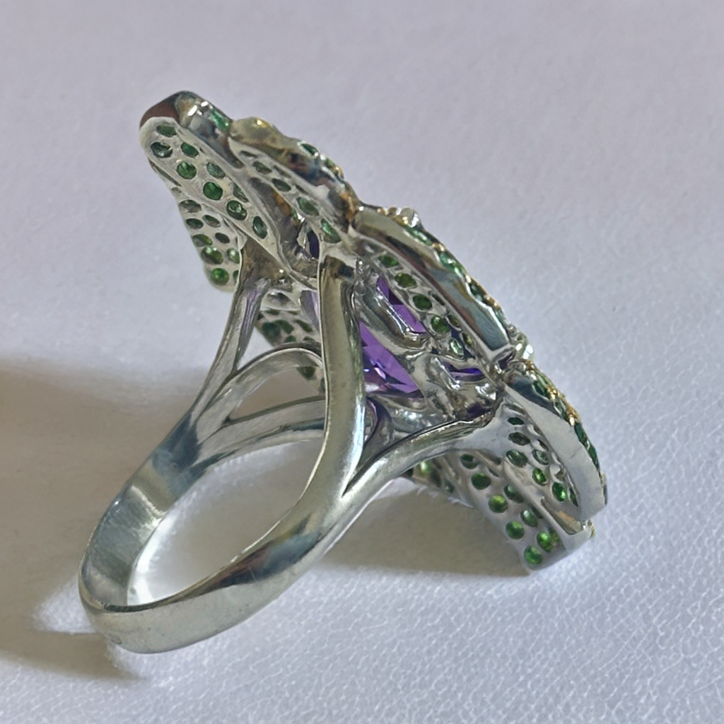 Silver Flower Ring with an Amethyst and Tsavorite Garnets