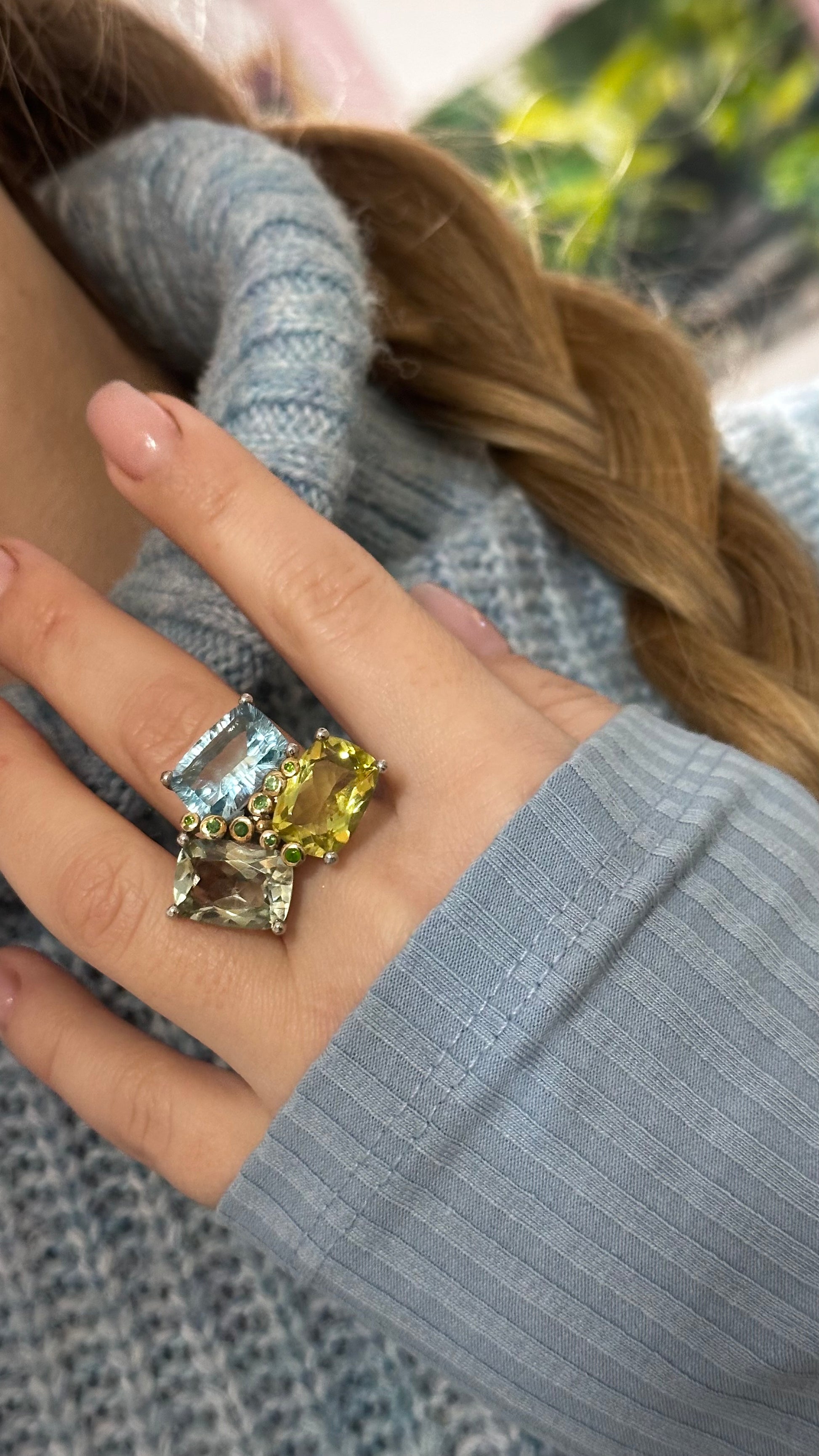 Ring with citrine, prasiolite and topaz