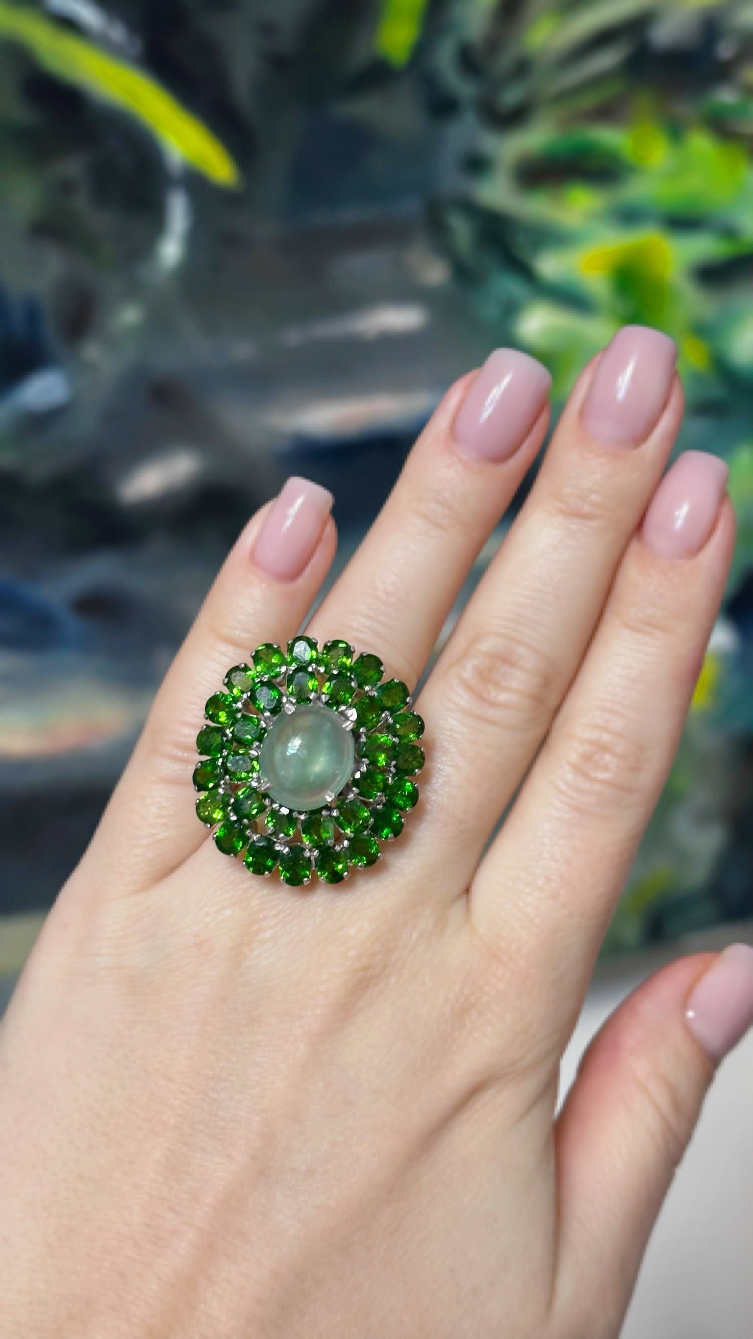 sterling silver ring with chrome diopsides and prehnite