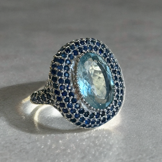Aquamarine & Blue Sapphire Halo Ring in Sterling Silver
