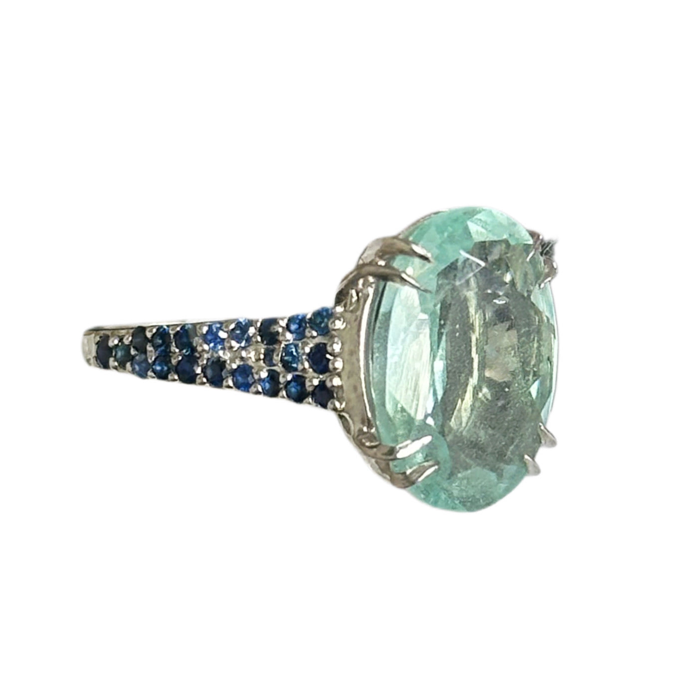 white rhodium plated Sterling silver ring with aquamarine and blue sapphires