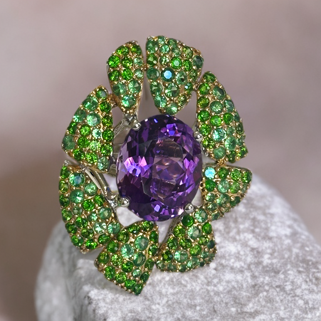 sterling silver ring with amethyst and green garnets