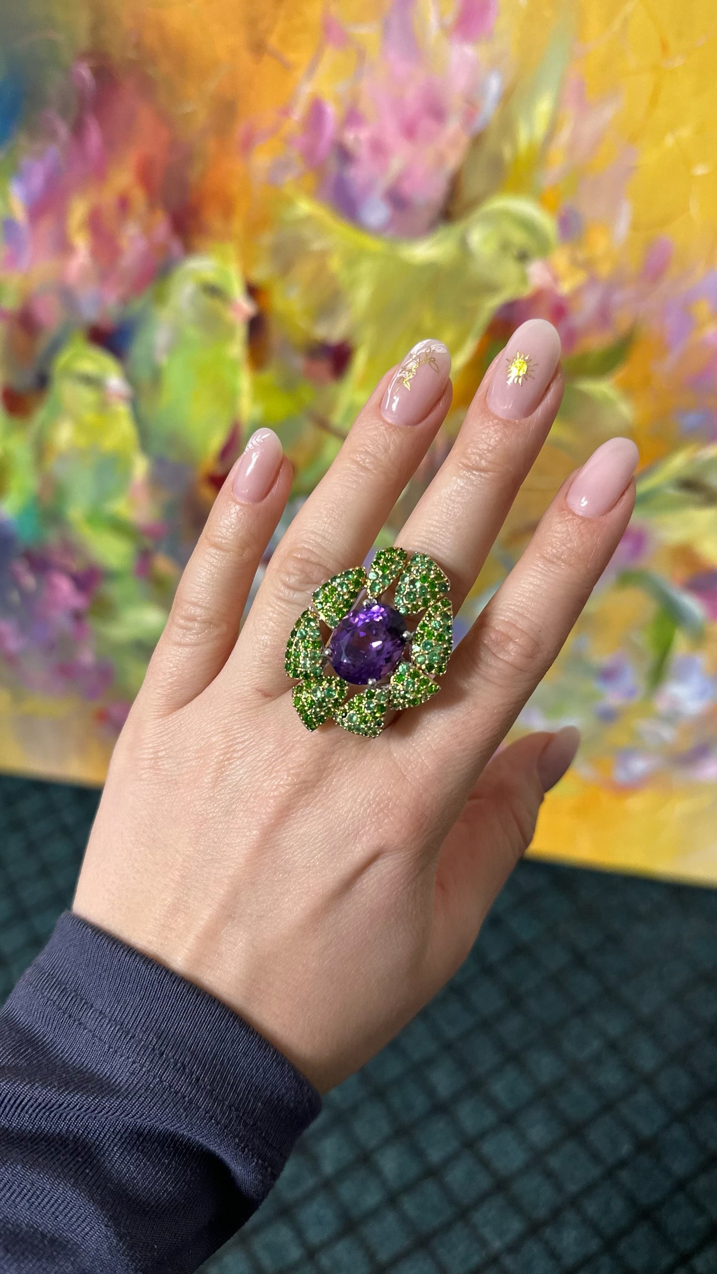 Silver Flower Ring with an Amethyst and Tsavorite Garnets