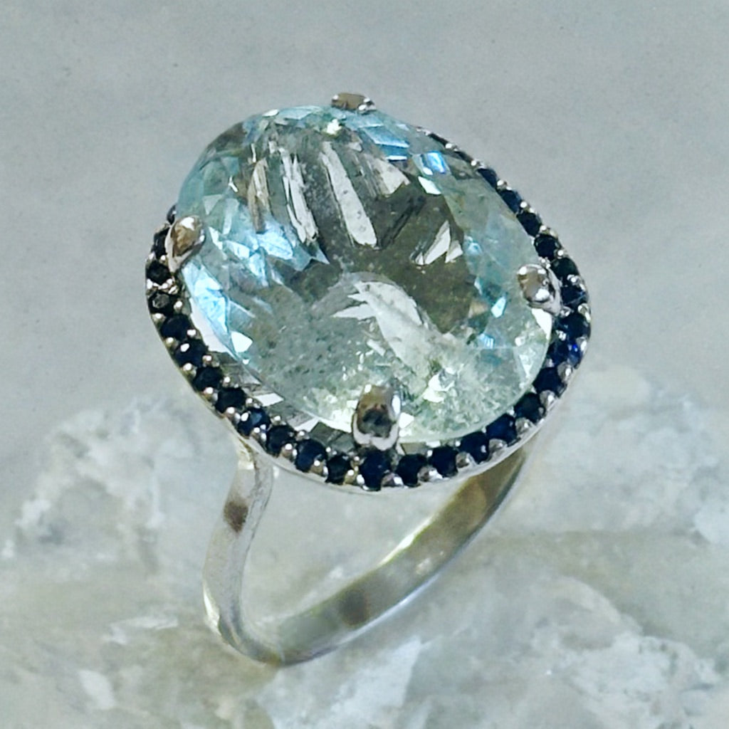 Silver Ring with Aquamarine and Blue Sapphires