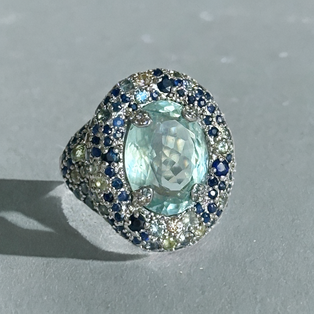 Silver Ring with Aquamarine and Multicoloured Sapphires