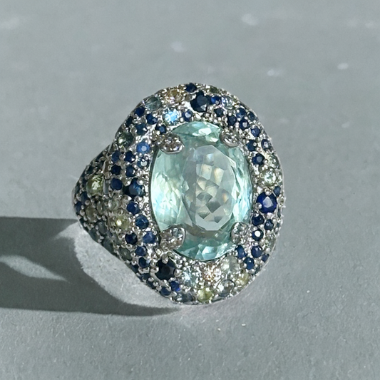 Silver Ring with Aquamarine and Multicoloured Sapphires