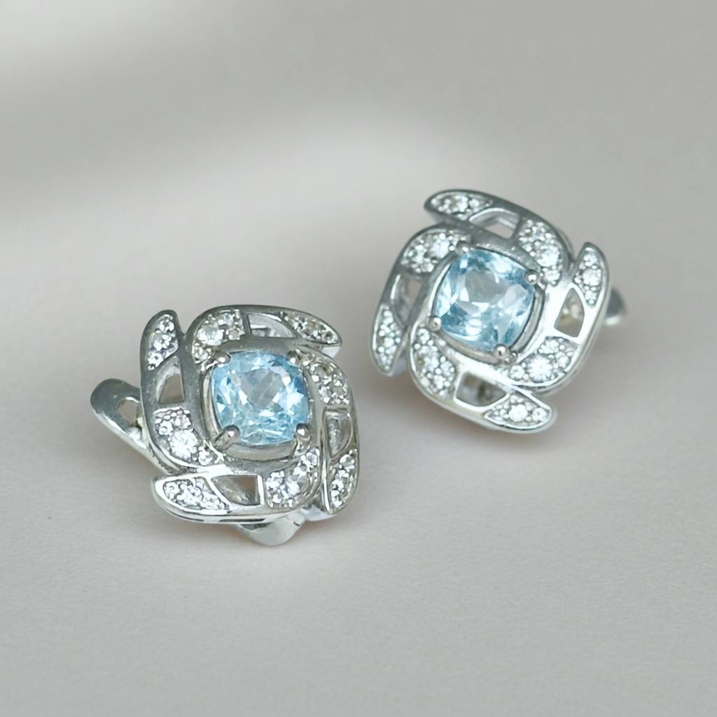 Silver Earrings with Sky Blue Topazes and Zircons