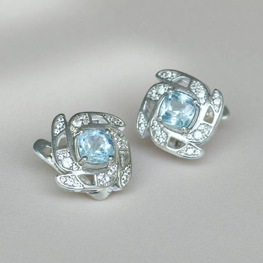 Silver Earrings with Sky Blue Topazes and Zircons