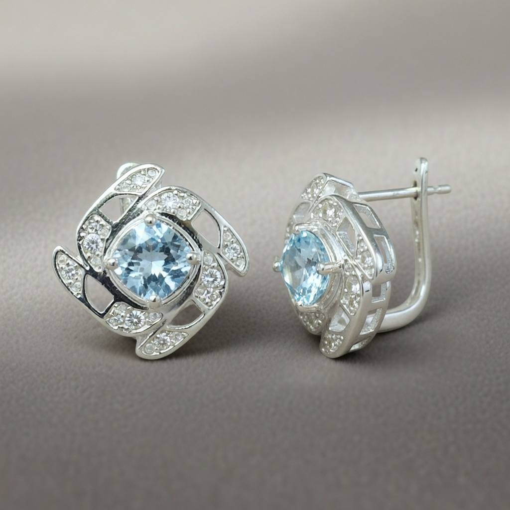 Silver Earrings with Sky Blue Topazes and Zircons