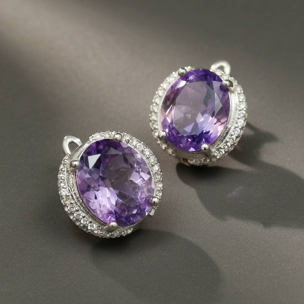 Minimalistic sterling silver earrings with amethysts and zircons