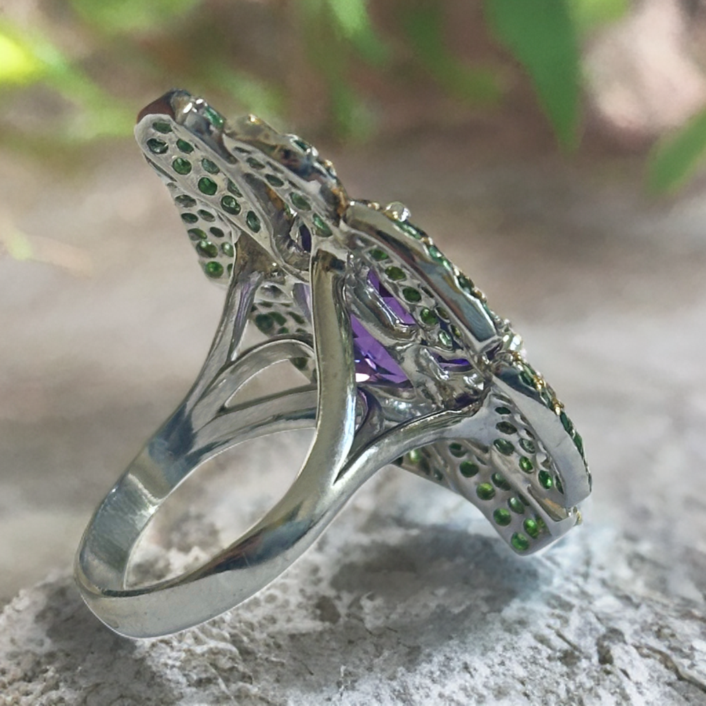 sterling silver ring with amethyst and green garnets