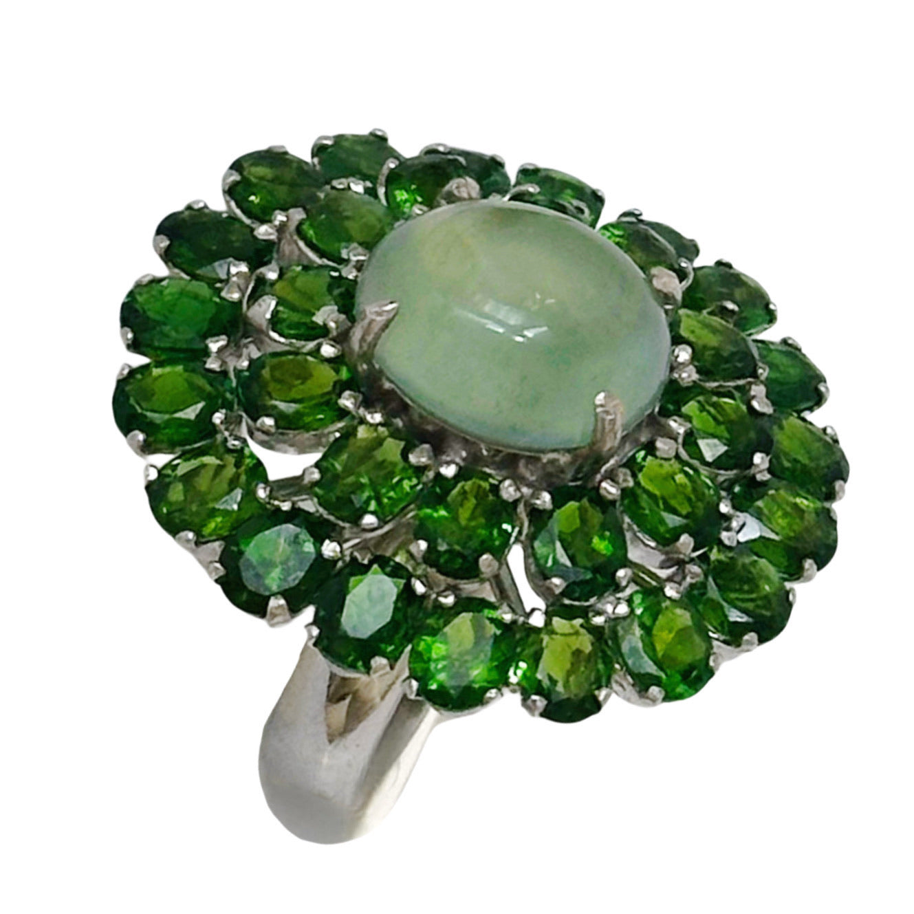 sterling silver ring with chrome diopsides and prehnite