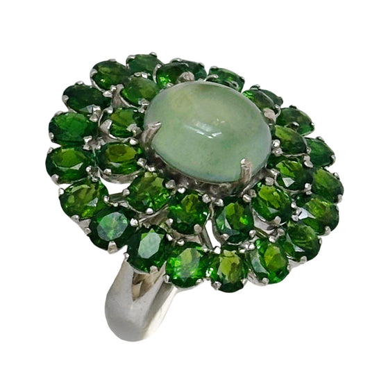 sterling silver ring with chrome diopsides and prehnite