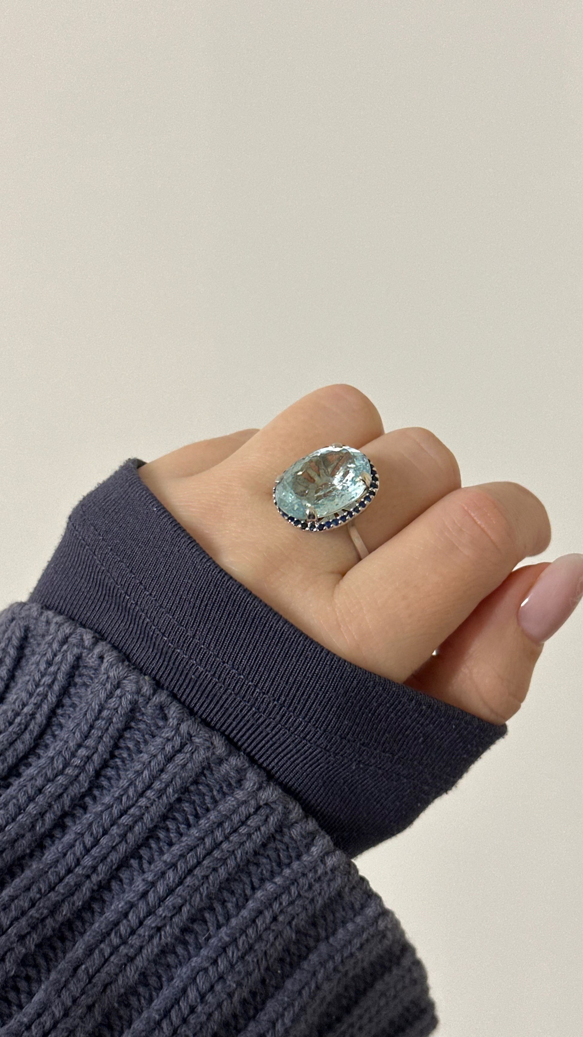 Silver Ring with Aquamarine and Blue Sapphires